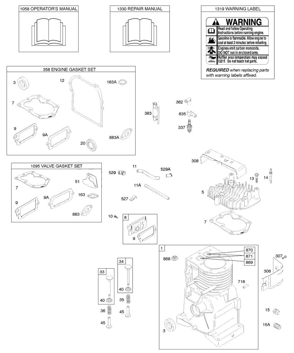 Camshaft, Cylinder, Cylinder Head, Gasket Sets, Operator's Manual, Repair Manual, Warning Label Diagram and Parts List for 91232-1308-E1  Briggs and Stratton Engine